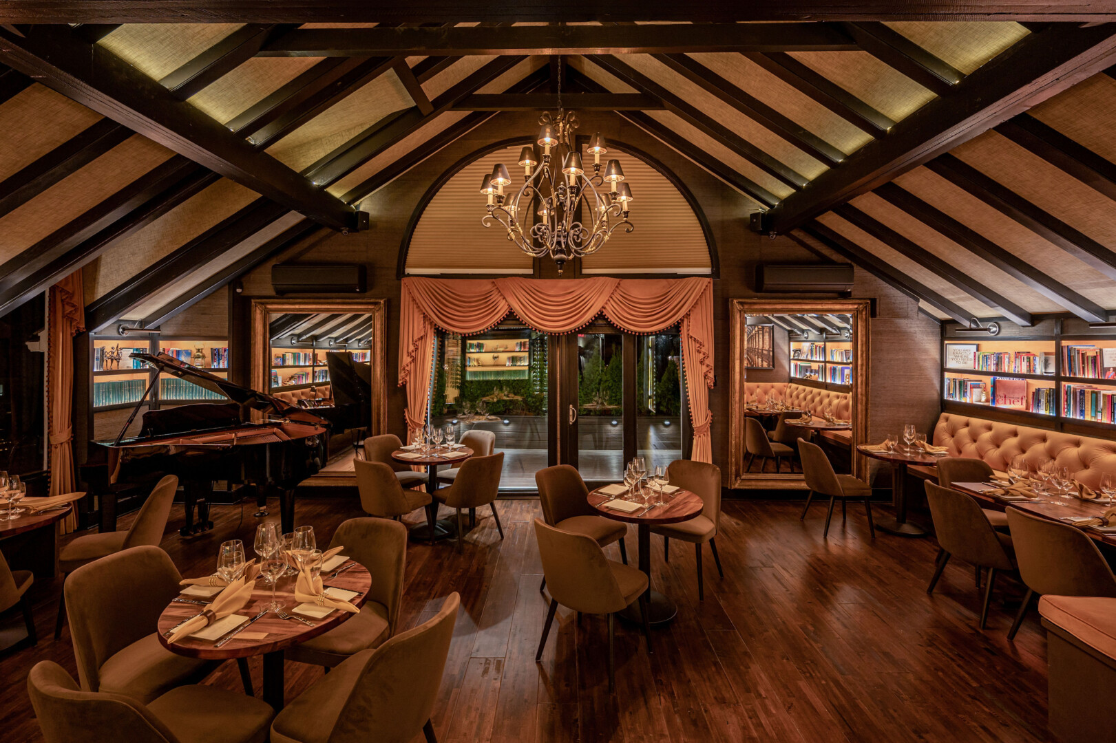 A dimly lit dining area with tables and a piano.